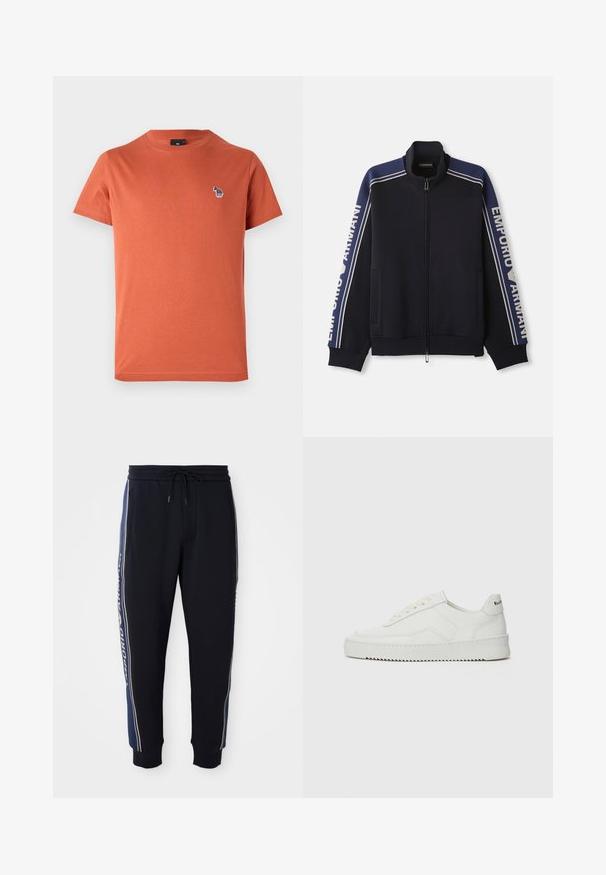 Giacca da track zip-up blu navy con doppie strisce beige chiaro sulle spalle e sulle maniche, testo "Emporio Armani" lungo entrambe le maniche.; T-shirt arancione in cotone con maniche corte, collo rotondo e un piccolo design ricamato multicolore sul lato sinistro del petto.; Pantaloni jogger neri con strisce laterali blu, vita elastica con cordoncino, tasche laterali e polsini a coste.; Sneaker in pelle bianca con una finitura liscia, punta rotonda, lacci piatti e suola testurizzata. Presenta un logo discreto sul tallone.