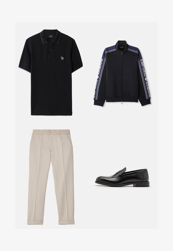 Granatowa kurtka dresowa na zamek z jasnobeżowymi podwójnymi paskami na ramionach i rękawach, z napisem "Emporio Armani" na obu rękawach.; Czarna koszulka polo wykonana z bawełny z zielonym wykończeniem kołnierzyka. Posiada mały, wielokolorowy haft słonia po lewej stronie na piersi.; Filippa K TERRY szary; Czarne skórzane mokasyny o gładkiej fakturze, zaokrąglonym nosku i dekoracyjnym pasku na przodzie. Niski, warstwowy obcas, minimalistyczny design.