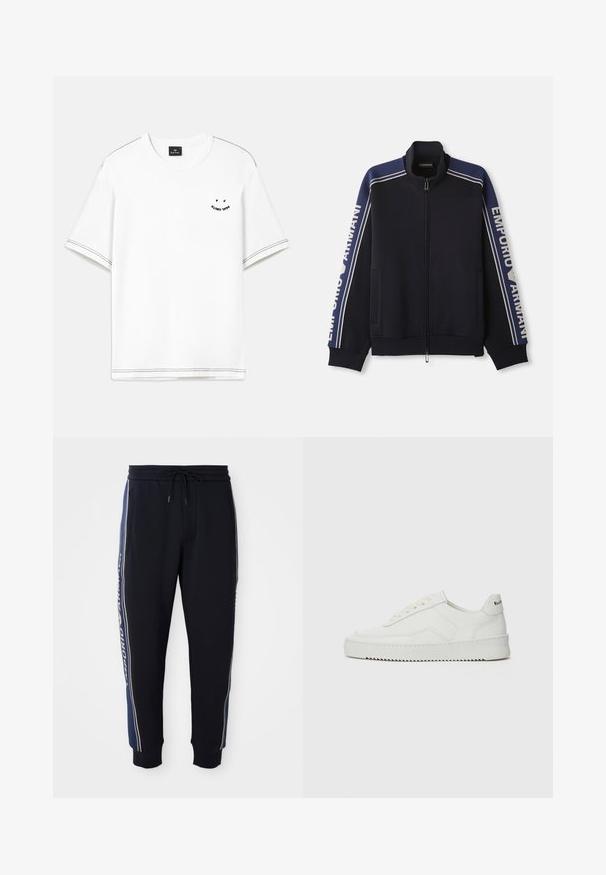 Navy blue zip-up track jacket with light beige double stripes on shoulders and sleeves, "Emporio Armani" text along both sleeves.; White T-shirt with short sleeves, featuring black stitched accents and a small printed detail on the chest.; Black jogger pants with blue side stripes, elastic waistband with drawstring, side pockets, and ribbed ankle cuffs.; White leather sneaker with a smooth finish, round toe, flat laces, and a textured sole. Features a subtle logo on the heel.