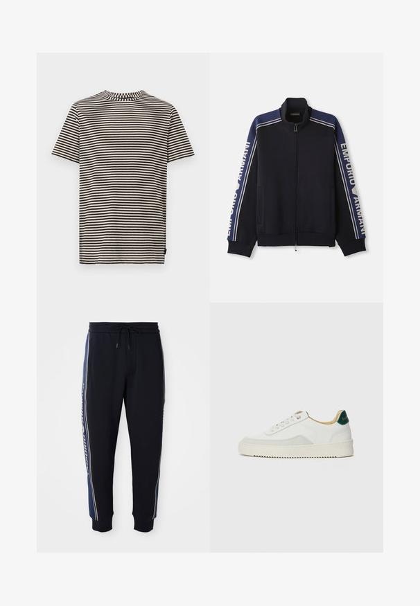 Navy blue zip-up track jacket with light beige double stripes on shoulders and sleeves, "Emporio Armani" text along both sleeves.; Striped t-shirt in cream and black, short sleeves, round neckline, regular fit, made from cotton, featuring horizontal stripes and a tag on the side.; Black jogger pants with blue side stripes, elastic waistband with drawstring, side pockets, and ribbed ankle cuffs.; White sneaker with suede accents, rounded toe, flat laces, and a cream rubber sole. Features green branding on the heel.