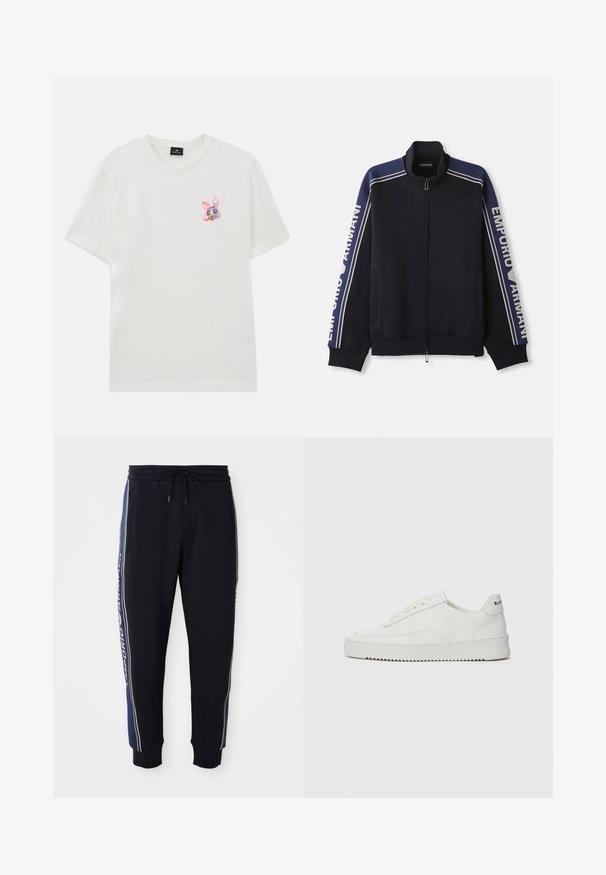 Tumed sinine tõmblukuga jooksjakkk, millel on kerge beež kahevärviline triip õlgadel ja varrukatel, ning "Emporio Armani" tekst mõlemal varrukal.; Valge puuvillane T-särk, millel on vasakul rinnal väike, värvikas tikitud jänese kujutis ning ümar kaelus. Lühikesed varrukad.; Mustad mustad jogger püksid siniste külgpriimidega, elastne vöökoht stringiga, küljetaskud ja soonikuga pahkluud.; Valge nahast tennis, millel on sile põhi, ümar varvas, lamedad nöörid ja tekstuuriline tall. Sisaldab diskreetset logo kontsaribal.