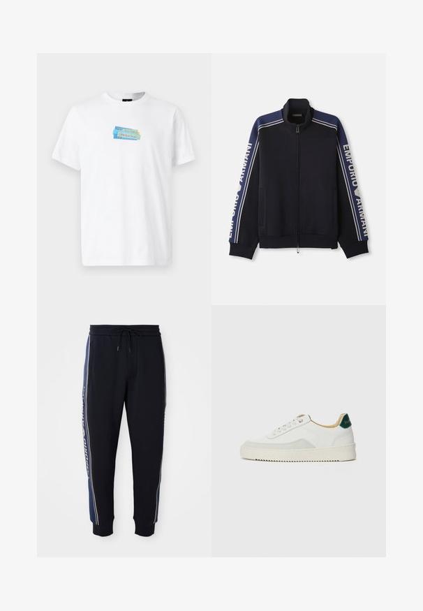 Chaqueta de chándal de cremallera color azul marino con doble raya color beige claro en los hombros y las mangas, texto "Emporio Armani" a lo largo de ambas mangas.; Camiseta blanca de algodón con un gráfico central que presenta rectángulos multicolores en forma de cinta, incluyendo texto y logo en azul y naranja.; Pantalones de chándal negros con rayas laterales azules, cintura elástica con cordón, bolsillos laterales y puños de canalé en los tobillos.; Zapatilla blanca con acentos de ante, puntera redondeada, cordones planos y suela de goma color crema. Presenta un logo verde en el talón.