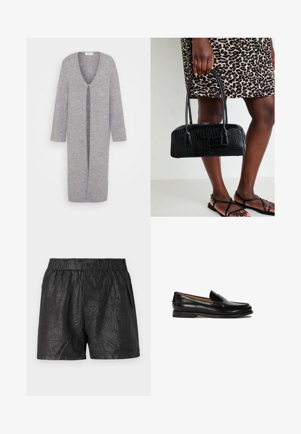 Gray knitted cardigan with a deep V-neckline, long sleeves, and a central opening. Soft texture and knee-length design.; Light cream camisole with adjustable spaghetti straps, V-neck design, and lace accents at the neckline and hem for added detail.; Black shorts made from crinkled material, featuring an elastic waistband with two buttons, knee-length cut, and smooth texture.; Black leather loafer with a rounded toe, slip-on design, and subtle stitching details along the upper. Flat rubber sole.; Black crocodile-textured handbag with two handles and a zipper closure. The bag has a rectangular shape and a glossy finish.