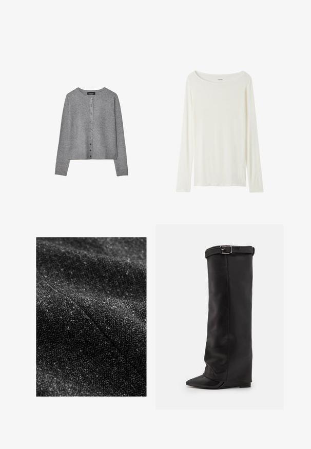 Grauer langärmeliger Knopf-Cardigan mit rundem Ausschnitt, gerippten Bündchen und Saum, flach auf elfenbeinfarbenem Hintergrund ausgestellt.; Langärmliges T-Shirt mit Rundhalsausschnitt in Cremefarbe aus weichem Material. Verfügt über einen geraden Schnitt und ein minimalistisches Design ohne Verzierungen.; Schwarzer, strukturierter Stoff mit eingewebten helleren Fäden, der ein weiches, gewebtes Erscheinungsbild und ein dezentes, abwechslungsreiches Muster zeigt.; Steve Madden CORENNE - High Heel Stiefel - black