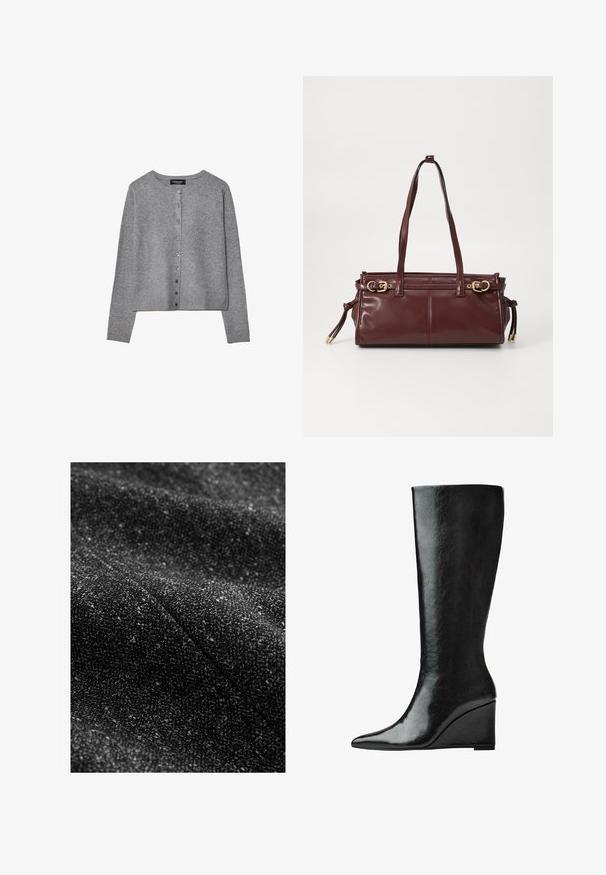 Šedý dlouhý rukáv cardigan s knoflíky, kulatým výstřihem, žebrovanými manžetami a lemem, vystavený na bílém pozadí.; Dlouhý rukáv, top s kulatým výstřihem v krémové barvě, vyrobený z měkké látky. Disponuje rovný střihem a minimalistickým designem bez ozdob.; Černá texturovaná látka s propletenými světlejšími flíčky, která vykazuje jemný tkaný vzhled a subtilní, různorodý vzor.; Černé kožené boty do půlky lýtek s úzkou, špičatou špičkou a klínovým podpatkem. Povrch je hladký s lesklým finišem.; Bourgonská kožená kabelka se dvěma ramenními popruhy, zlatými kovovými detaily a zipovým uzávěrem. Vyznačuje se hladkou texturou a jemnými švy.