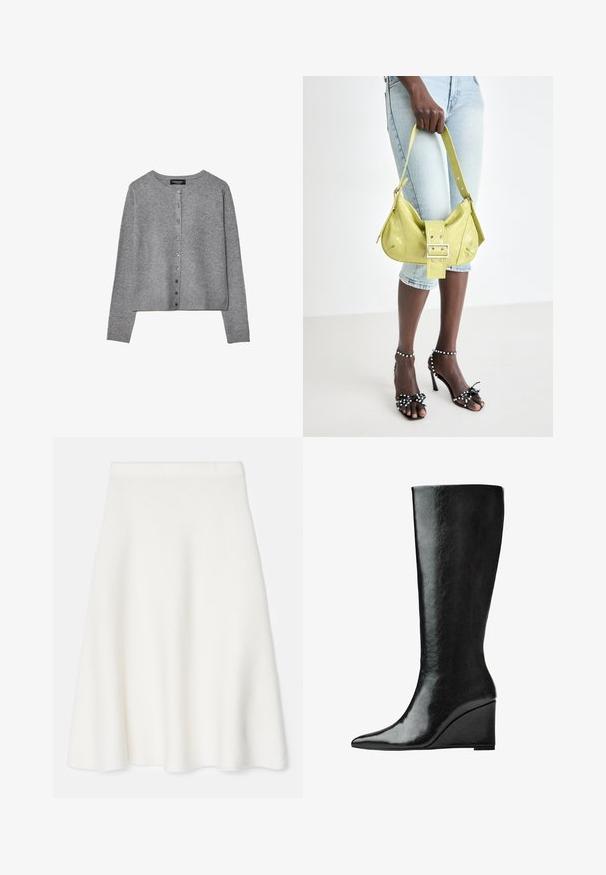 Grey long-sleeve button-up cardigan with round neckline, ribbed cuffs, and hem, displayed flat on white background.; Long-sleeve, crew neck top in cream color made from soft fabric. Features a straight cut and minimalistic design without embellishments.; Tiger of Sweden SIAN - A-line skirt - seashell; Knee-high black leather boots with a sleek, pointed toe and a wedge heel. The surface is smooth with a glossy finish.; Yellow perforated handbag with a buckle detail and adjustable strap, paired with denim shorts and black high-heeled sandals with bows.
