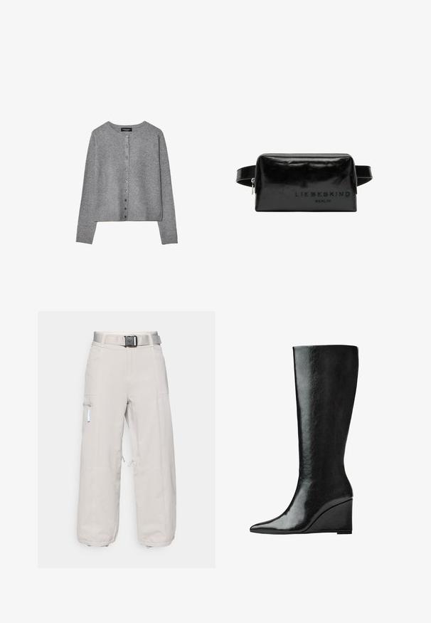 Grauer langärmeliger Knopf-Cardigan mit rundem Ausschnitt, gerippten Bündchen und Saum, flach auf elfenbeinfarbenem Hintergrund ausgestellt.; Langärmliges T-Shirt mit Rundhalsausschnitt in Cremefarbe aus weichem Material. Verfügt über einen geraden Schnitt und ein minimalistisches Design ohne Verzierungen.; Helle graue Cargo-Hosen mit weitem Bein, verstellbarem Gürtel, Seitentaschen und Reißverschlussdetails, aus strapazierfähigem, feuchtigkeitsableitendem Material gefertigt.; Knöchelhohe schwarze Lederstiefel mit schlanker, spitzer Zehenform und Wedge-Absatz. Die Oberfläche ist glatt mit einem glänzenden Finish.; Schwarze Leder-Kosmetiktasche mit glatter Oberfläche, rechteckiger Form und eingeprägtem "LIEBESKIND BERLIN"-Logo auf einer Seite. Verfügt über einen Reißverschluss.