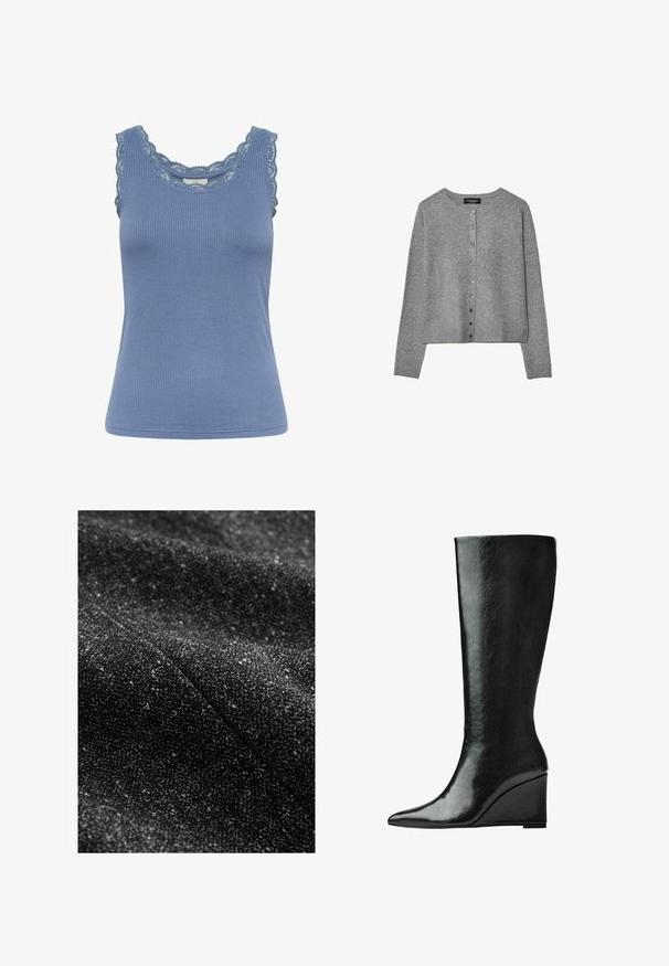 Szary sweter z długim rękawem, zapinany na guziki, z okrągłym dekoltem, ściągaczami przy mankietach i na dole, wyeksponowany na białym tle.; Niebieski prążkowany top na ramiączkach z koronkowym wykończeniem dekoltu i otworów na ramiona, o dopasowanym kroju i miękkiej fakturze.; Czarna, teksturowana tkanina z wplecionymi jaśniejszymi plamkami, ukazująca miękki, wpleciony wygląd oraz subtelny, zróżnicowany wzór.; Czarne skórzane kozaki sięgające do kolan, z eleganckim, spiczastym noskiem i obcasem w kształcie klina. Powierzchnia jest gładka o błyszczącym wykończeniu.