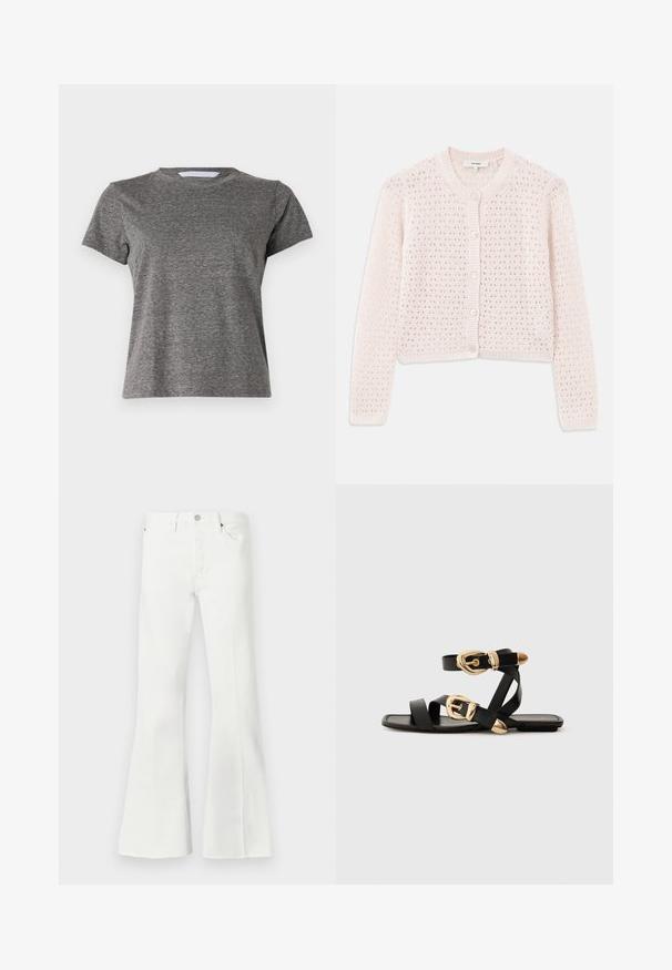 Cardigã de malha rosa claro com um padrão texturizado, decote redondo e fecho com botões, apresentando quatro botões. Comprimento cropped e mangas longas.; Mother LIL GOODIE GOODIE TEE - T-shirt básica - grey; Jeans flared de ganga branca com cintura alta, apresentando um fecho de botão, dois bolsos frontais e acabamentos com bainha assimétrica na parte inferior.; Sandálias de couro pretas com detalhes em fivela dourada, apresentando várias tiras e um design de sola plana para uso à vista.