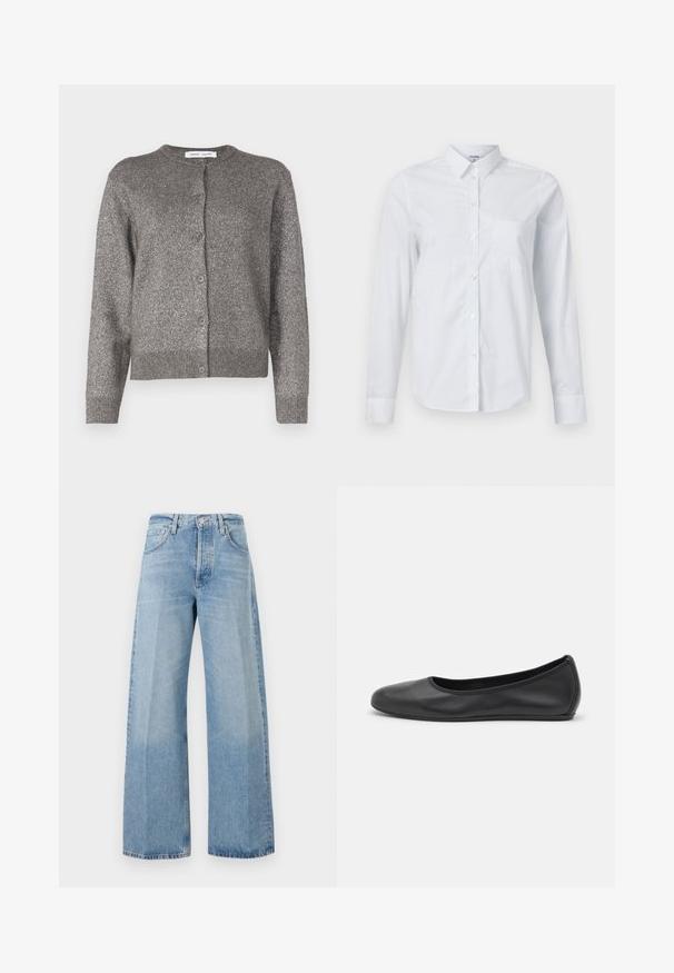 Pelēks metalizēts kardigans ar apaļu kakla izgriezumu, pogu aizdari, garām piedurknēm, ribotu apakšmalu un faktūrētu auduma apdari.; Balts kokvilnas krekls ar garām piedurknēm, ar apkakli, pogām priekšpusē un vienu krūšu kabatu. Gluda tekstūra. Bez rakstiem.; Gaiši zilas plaša kāju džinsu bikses, kas izgatavotas no denima, ar augstu jostasvietu, priekšējām kabatām un nedaudz izbalējušu tekstūru ar noskrandušām malām.; Melna ādas baleta kurpe ar noapaļotu purngalu, gludu tekstūru, minimālu šuvju detalizāciju un elastīgu zoles dizainu.