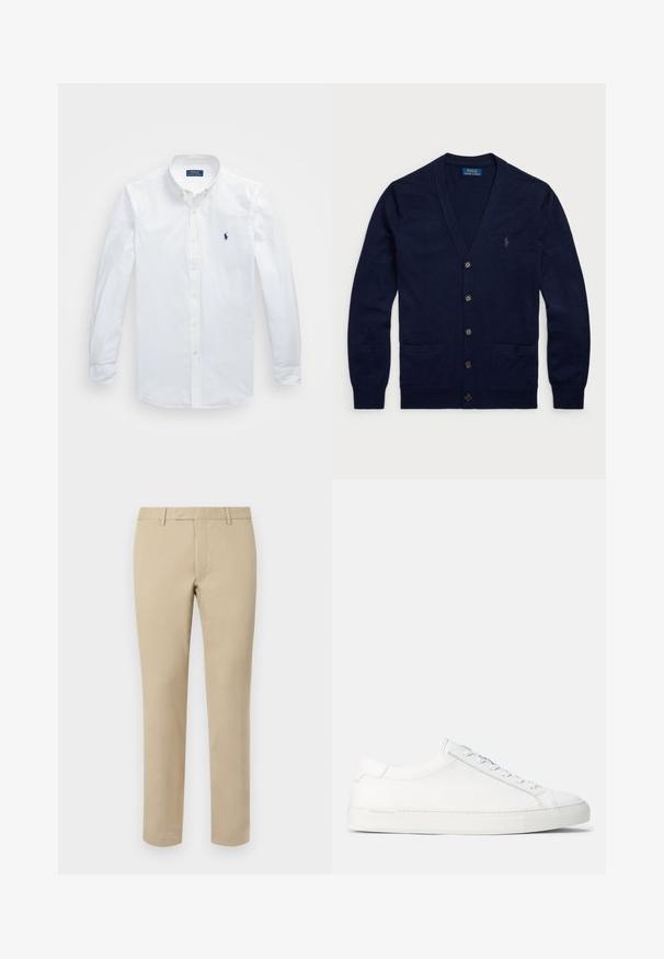 Cardigã em malha azul-marinho, feito de tecido macio, com decote em V, cinco botões frontais, dois bolsos frontais e um pequeno logótipo no peito.; Camisa de botão de mangas longas branca, feita de algodão, com um colarinho clássico e um pequeno logo azul no lado esquerdo do peito.; Calças de algodão bege com corte reto, apresentando passantes para cinto, frente lisa e bainhas ajustadas. Textura suave e detalhes mínimos.; Sneakers brancos em couro com textura suave, forma arredondada, sola de borracha plana e atacadores brancos. Apresenta um design minimalista e uma marca discreta.