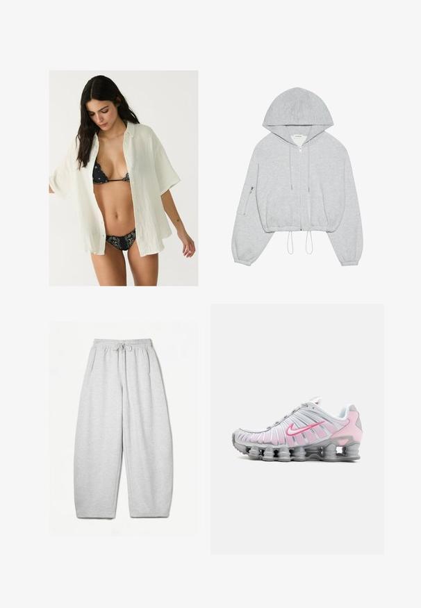 Grå cropped hoodie med lynlås foran, snøre ved kanten, stor hætte og lynlås-lomme på venstre ærme. Blødt stof.; Hvid, oversized skjorte med knapper i et struktureret stof, båret åben over en sort mønstret bikini. Korte ærmer og en afslappet pasform.; Lysegrå sweatpants med en afslappet pasform, elastisk talje, snøre og sidelommer; lavet af blødt, struktureret stof.; Nike træningssko i hvid og lys pink. Har en mesh-overdel og en markant buet sål med synlig luftdæmpning.