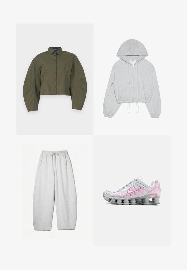 Szara, krótka bluza z kapturem, z zamkiem z przodu, ściągaczem u dołu, dużym kapturem i zamykaną na zamek kieszenią na lewym rękawie. Miękka tekstura materiału.; Przycięta, oliwkowa koszula zapinana na guziki z wyraźnym kołnierzykiem, bufiastymi długimi rękawami i czarnymi guzikami. Gładki materiał z minimalną teksturą.; Jasnoszare dresy o luźnym kroju, z elastycznym pasem, sznurkiem i bocznymi kieszeniami; wykonane z miękkiego, teksturowanego materiału.; Sportowe buty Nike w białym i jasnoróżowym kolorze. Posiadają siateczkową cholewkę oraz charakterystyczną zakrzywioną podeszwę z widoczną poduszką powietrzną.