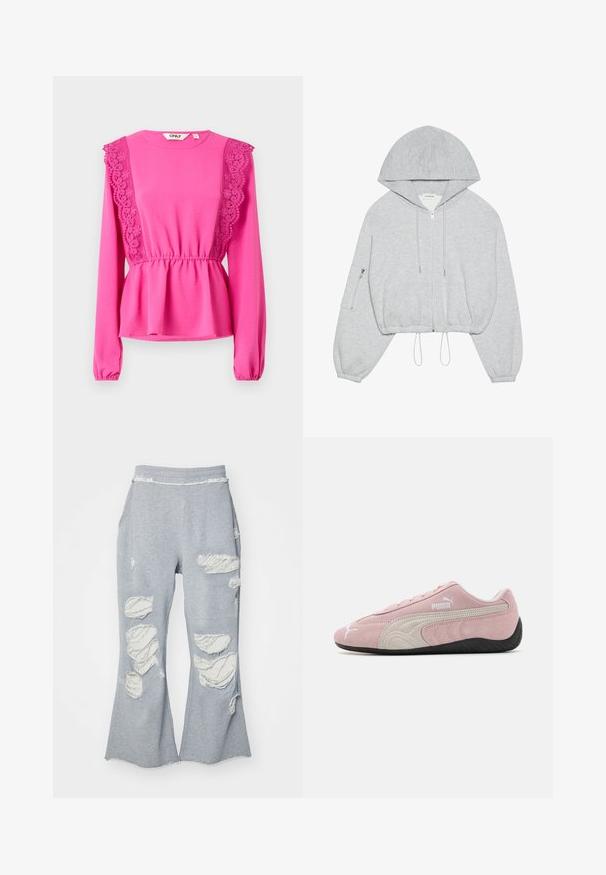 Pilkas trumpas bliuzonas su priekyje esančiu užtrauktuku, raišteliu apatinėje dalyje, dideliu gobtuvu ir užtrauktuku užsegama kišene kairiajame rankovėje. Minkšta audinio tekstūra.; Fukšijos spalvos ilgomis rankovėmis palaidinė su nėriniu detalėmis ant pečių, surinkta liestyje ir tekstūruota medžiaga. Apvalus iškirpimas su elastingomis rankovėmis.; Pilki treniruoklių kelnes su išplatėjusia kojos forma, turinčios kelis pažeistus lopus, atskleidžiančius šviesesnį audinį. Elastinga juostos dalis patogumui.; Rožinės zomšinės sportbačiai su pilkų akcentų, sraigtančių dizainu, tekstūruota viršutinė dalis ir juodas guminis padas. Šone yra Puma logotipas.