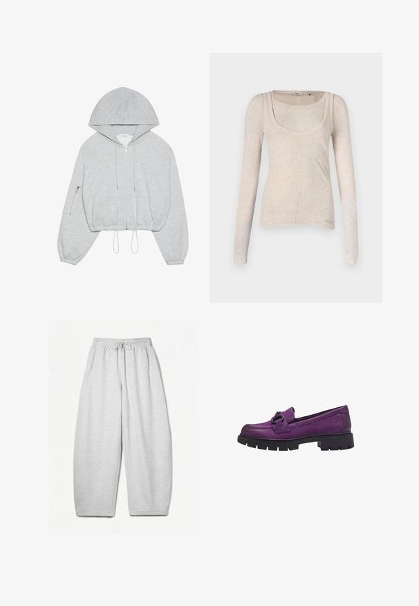 Gray cropped hoodie with a front zipper, drawstring at the hem, large hood, and zippered pocket on the left sleeve. Soft fabric texture.; Long-sleeve beige top made of lightweight fabric, featuring a scoop neckline, slim fit, and subtle speckled texture.; Light grey sweatpants with a relaxed fit, elastic waistband, drawstring, and side pockets; made from soft, textured fabric.; Purple leather slip-on shoe with a rounded toe, black chunky sole, and decorative strap detail with a loop accent.