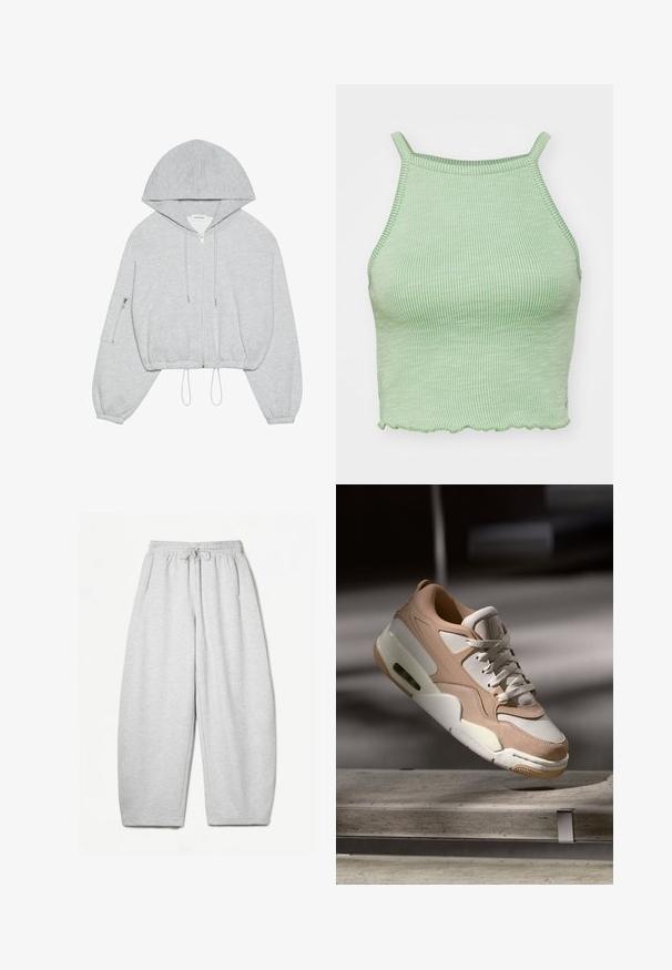 Hanorac scurt gri cu fermoar pe față, siret la margine, glugă mare și buzunar cu fermoar pe mâneca stângă. Textură moale a materialului.; Top verde cu dungi, scurt, cu bretele subțiri, având un tiv ondulat și un material texturat. Fără elemente de metal sau modele proeminente.; Pantaloni de trening gri deschis, cu o croială lejeră, talie elastică, șnur și buzunare laterale; realizați dintr-un material moale, texturat.; Adidași bej și albaștri cu un finisaj din piele netedă și suede, având o limbă căptușită, un sistem de șireturi în față și o unitate de aer vizibilă.