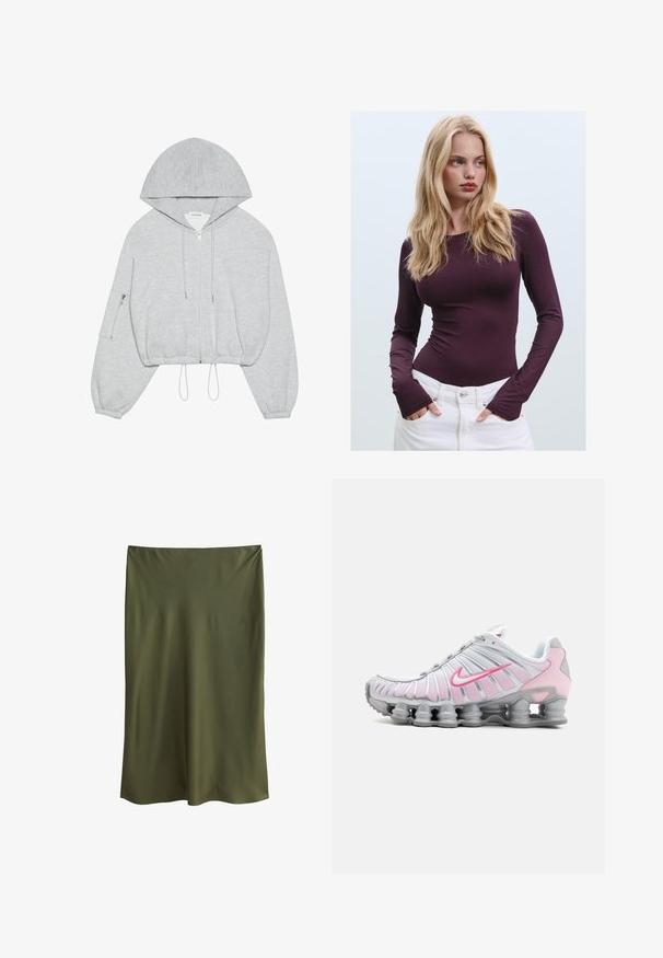 Haut à capuche gris cropped avec une fermeture éclair à l'avant, cordon de serrage à l'ourlet, grande capuche et poche zippée sur la manche gauche. Texture de tissu douce.; Haut ajusté bourgogne à manches longues avec un col rond et des ouvertures pour les pouces, associé à un pantalon blanc taille haute. Tissu lisse et texture extensible.; Jupe midi en satin vert olive avec une texture lisse et un design droit, présentant une taille légèrement drapée pour un look minimaliste.; Chaussure de sport Nike en blanc et rose clair. Présente un dessus en mesh et une semelle incurvée distinctive avec un amorti à air visible.