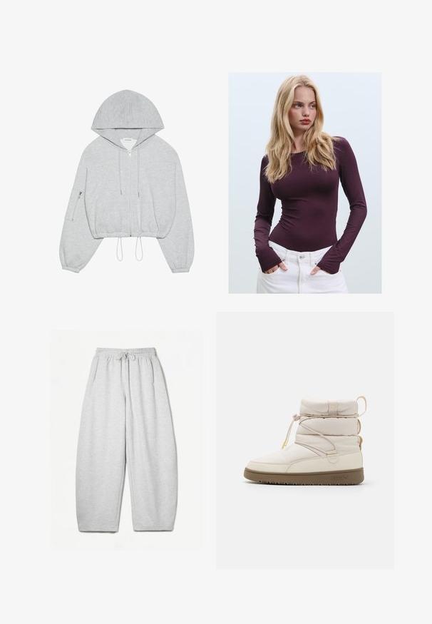 Grå cropped hoodie med lynlås foran, snøre ved kanten, stor hætte og lynlås-lomme på venstre ærme. Blødt stof.; Bordeaux langærmet tætsiddende top med rund halsudskæring og tommelfingerhuller, parret med hvide højlife bukser. Glat stof og strækbar tekstur.; Lysegrå sweatpants med en afslappet pasform, elastisk talje, snøre og sidelommer; lavet af blødt, struktureret stof.; Beige ankelstøvle med quiltet stof, elastisk snøring og gummisål. Har en polstret krave og et diskret logo på siden.