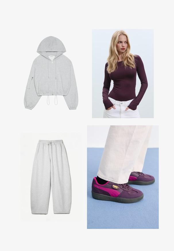 šedá zkrácená mikina s předním zipem, stahovací šňůrka v dolní části, velká kapuce a kapsa se zipem na levém rukávu. Měkký jemný materiál.; Burgundské dlouhé rukávy fitted top s kulatým výstřihem a otvory na palce, doplněné bílými kalhotami s vysokým pasem. Hladká tkanina a elastický texture.; Šedé tepláky s uvolněným střihem, elastickým pasem, šňůrkou a bočními kapsami; vyrobeny z měkké, strukturované tkaniny.; Fialové a růžové tenisky s gumovou podrážkou, které mají texturovaný povrch, šňůrky a zlaté logo na boku. Bílé kalhoty kontrastují s botami.