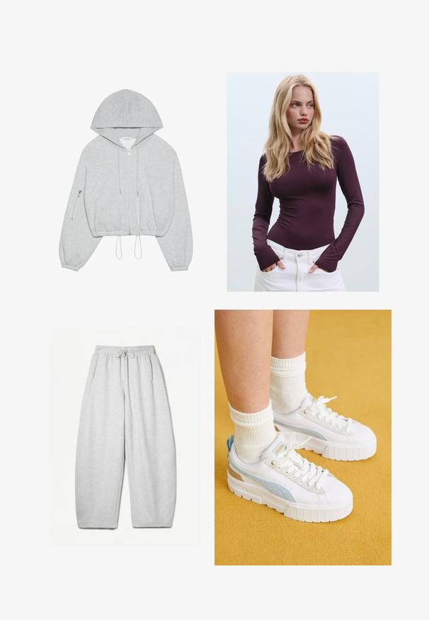 Grå kortärmad huvtröja med dragkedja fram, dragsko i nederkant, stor huva och dragkedja på vänster ärm. Mjuk textur.; Bordeaux långärmad tajt topp med rund halsringning och tumhål, kombinerad med vita högmidjade byxor. Slätt tyg och elastisk textur.; Ljusgrå sweatpants med avslappnad passform, elastiskt midjeband, dragsko och sidofickor; tillverkade av mjukt, texturerat tyg.; Puma MAYZE - Sneakers - white/turquoise surf