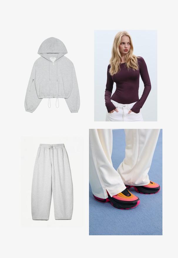 Siva skraćena kapuljača s prednjim patentnim zatvaračem, vezicom na rubu, velikom kapuljačom i patentnim džepom na lijevom rukavu. Mekani tekstil.; Burgundska majica dugih rukava s uskim krojem, okruglim izrezom i otvorima za palčeve, u kombinaciji s bijelim hlačama visokoga struka. Glatka tkanina i rastezljiv materijal.; Svijetlosivi dukserica s opuštenim krojem, elastičnim pojasom, vezicom i bočnim džepovima; izrađeni od mekanog, teksturiranog materijala.; Crne tenisice s gornjim dijelom u multikolor gradijentu koji sadrži narančaste, ružičaste i žute tonove; robusna potplat; u kombinaciji s bijelim prugastim hlačama.