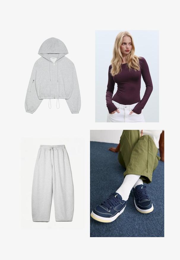 Szara, krótka bluza z kapturem, z zamkiem z przodu, ściągaczem u dołu, dużym kapturem i zamykaną na zamek kieszenią na lewym rękawie. Miękka tekstura materiału.; Bordowy, dopasowany top z długim rękawem i okrągłym dekoltem, z otworami na kciuki, zestawiony z białymi spodniami o wysokim stanie. Gładki materiał i elastyczna faktura.; Jasnoszare dresy o luźnym kroju, z elastycznym pasem, sznurkiem i bocznymi kieszeniami; wykonane z miękkiego, teksturowanego materiału.; Osoba w zielonych spodniach, białych skarpetkach do kostek i granatowych trampkach z białymi podeszwami siedzi na ciemnoniebieskiej dywanowej podłodze.