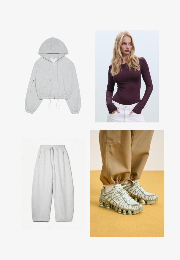 Siva skrajšana kapuca s prednjim zadrgo, z vrvico na robu, velika kapuca in žep z zadrgo na levem rokavu. Mehek tekstilni občutek.; Bordo dolga majica z obrnjenim ovratnikom in odprtinami za palce, v kombinaciji z belimi hlačami z visokim pasom. Gladek material in elastična tekstura.; Svijetlo sivi duksericasti donji dio s opuštenim krojem, elastičnim pojasom, vezicama i bočnim džepovima; izrađen od mekanog, teksturiranog materijala.; Nike superge z pastelno zeleno mrežasto zgornji del, debele sive podplate in subtilno blagovno znamko, v kombinaciji s kavbojkami v khaki barvi. Vidni so teksturirani detajli.