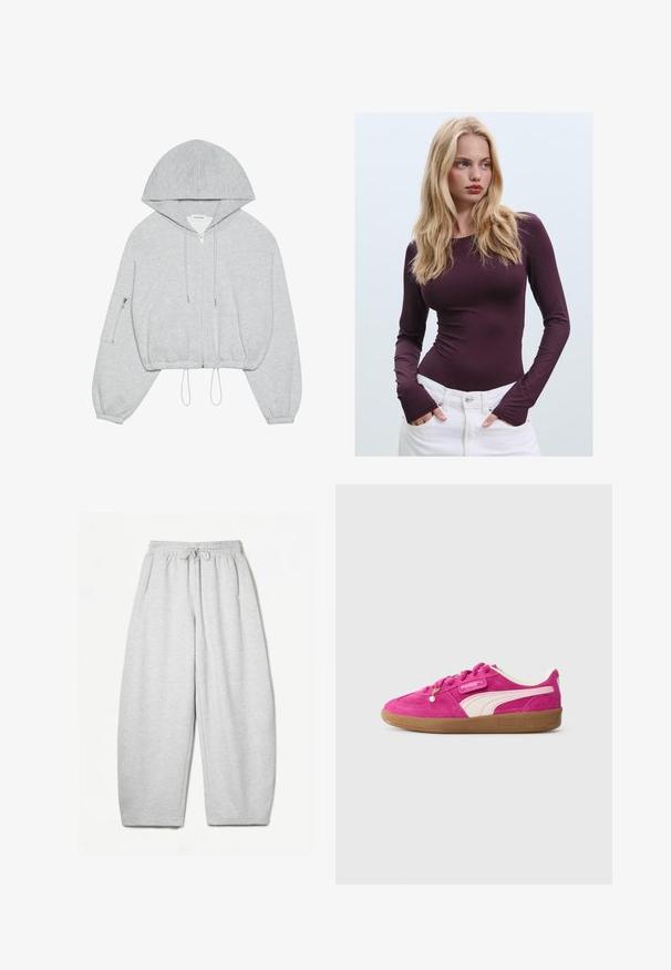 Gray cropped hoodie with a front zipper, drawstring at the hem, large hood, and zippered pocket on the left sleeve. Soft fabric texture.; Burgundy long-sleeve fitted top with a round neckline and thumbholes, paired with white high-waisted pants. Smooth fabric and stretchy texture.; Light grey sweatpants with a relaxed fit, elastic waistband, drawstring, and side pockets; made from soft, textured fabric.; Bright pink suede Puma sneaker with white side stripe, gum sole, and decorative pearl on laces against light gray background.