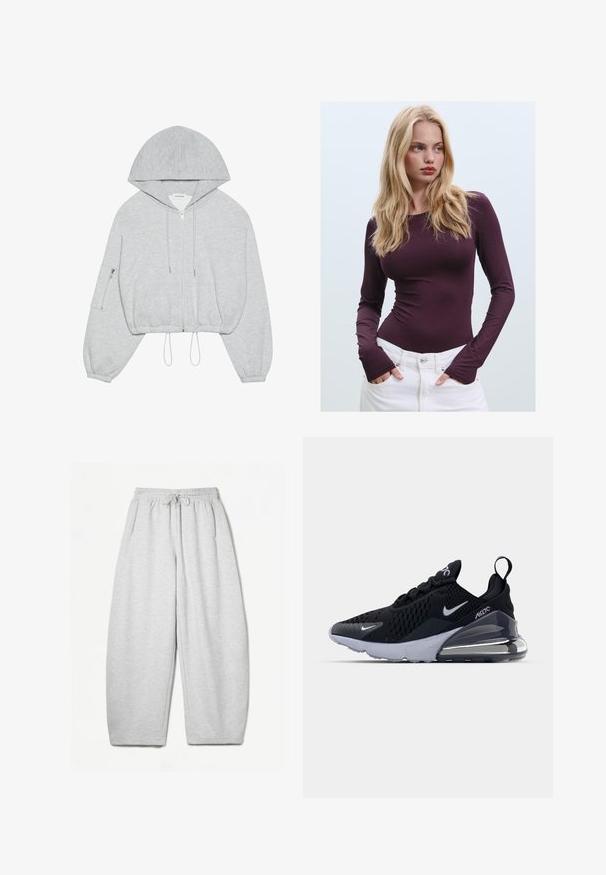Huppari harmaana, lyhyt malli, edessä vetoketju, nyöritys helmassa, suuri huppu ja vasemmassa hihassa vetoketjulla varustettu tasku. Pehmeä kangastuntuma.; Burgundy pitkähiha, muotoonompelu ykkönen pyöreällä kaula-aukolla ja peukaloaukoilla, yhdistettynä valkoisiin korkeavyötäröisiin housuihin. Sileä kangas ja joustava rakenne.; Harmaat rentosäärystimet, joissa on rento istuvuus, joustava vyötärö, nyöri ja sivutaskut; valmistettu pehmeästä, teksturoidusta kankaasta.; Musta urheilukengät, joissa on verkkopinta, valkoinen swoosh-logo, näkyvä Air-yksikkö ja teksturoitu pohja. Koristeena on takana oleva vetoasema.