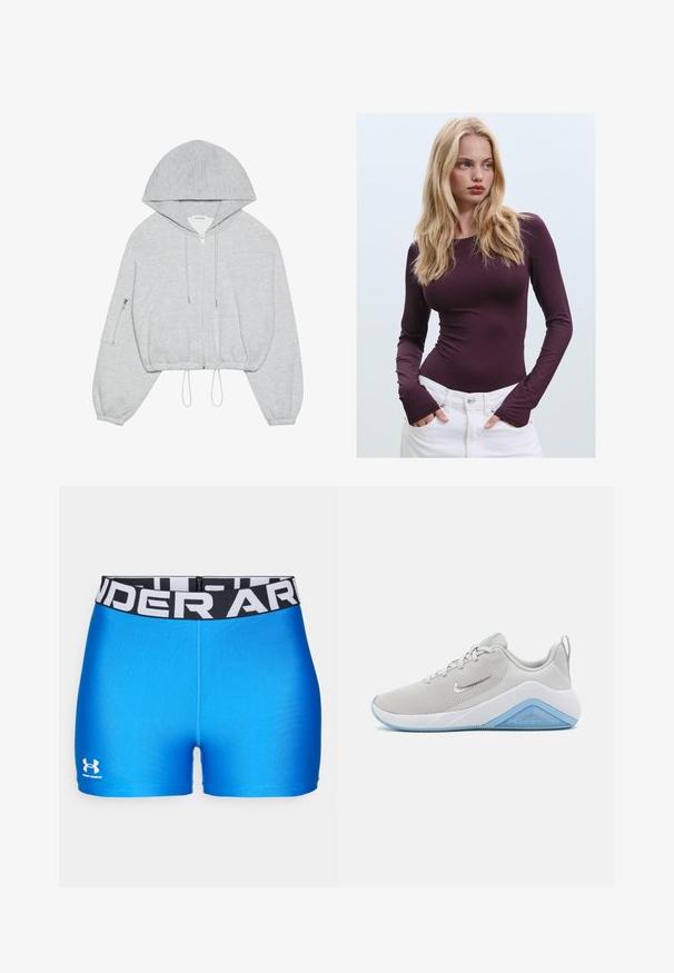 Szara, krótka bluza z kapturem, z zamkiem z przodu, ściągaczem u dołu, dużym kapturem i zamykaną na zamek kieszenią na lewym rękawie. Miękka tekstura materiału.; Bordowy, dopasowany top z długim rękawem i okrągłym dekoltem, z otworami na kciuki, zestawiony z białymi spodniami o wysokim stanie. Gładki materiał i elastyczna faktura.; Niebieskie spodenki sportowe z czarną gumką w talii, z białym napisem "UNDER ARMOUR". Gładka tekstura, dopasowany krój i logo na dole.; Jasnoszary but sportowy z siateczkową cholewką, białą podeszwą i niebieskimi akcentami. Posiada gładkie krzywizny i teksturowaną powierzchnię dla lepszej przyczepności.