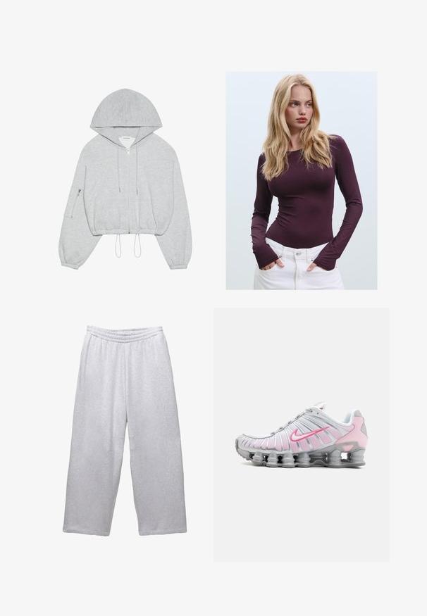 Grå cropped hoodie med lynlås foran, snøre ved kanten, stor hætte og lynlås-lomme på venstre ærme. Blødt stof.; Bordeaux langærmet tætsiddende top med rund halsudskæring og tommelfingerhuller, parret med hvide højlife bukser. Glat stof og strækbar tekstur.; Lysegrå brede sweatpants med elastisk talje og stikninger på en hvid baggrund.; Nike træningssko i hvid og lys pink. Har en mesh-overdel og en markant buet sål med synlig luftdæmpning.