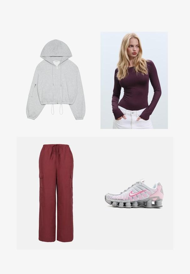 Grauer, kürzerer Hoodie mit einem Frontreißverschluss, Kordelzug am Saum, großer Kapuze und einer Reißverschlusstasche am linken Ärmel. Weiche Stoffstruktur.; Burgunderfarbenes, langärmeliges, tailliertes Oberteil mit Rundhalsausschnitt und Daumenschlitzen, kombiniert mit weißen hochtaillierten Hosen. Glatter Stoff und elastische Textur.; Burgunderfarbene Cargo-Hose aus leichtem Stoff mit einem Kordelzugbund, weitem Bein und zwei seitlichen Cargo-Taschen.; Nike Sportschuh in Weiß und Hellrosa. Mit einem Obermaterial aus Mesh und einer markanten, gewölbten Sohle mit sichtbarer Luftpolsterung.