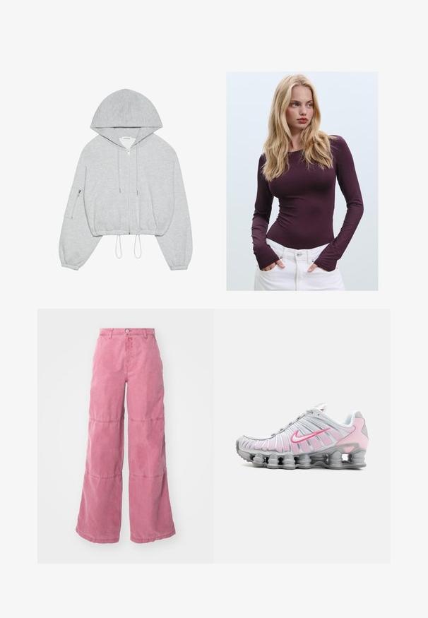 Huppari harmaana, lyhyt malli, edessä vetoketju, nyöritys helmassa, suuri huppu ja vasemmassa hihassa vetoketjulla varustettu tasku. Pehmeä kangastuntuma.; Burgundy pitkähiha, muotoonompelu ykkönen pyöreällä kaula-aukolla ja peukaloaukoilla, yhdistettynä valkoisiin korkeavyötäröisiin housuihin. Sileä kangas ja joustava rakenne.; Vaaleanpunaiset leveälahkeiset housut, jotka on valmistettu puuvillasta ja niissä on haalistunut pinta. Kaksi vaakasaumaa luo erottuvan paneelisuunnittelun. Edessä nappisuljenta.; Kengät Nike urheiluvalkoiset ja vaaleanpunaiset. Niissä on verkkopäällinen ja erottuva kaareva pohja, jossa on näkyvää ilmatyynyä.