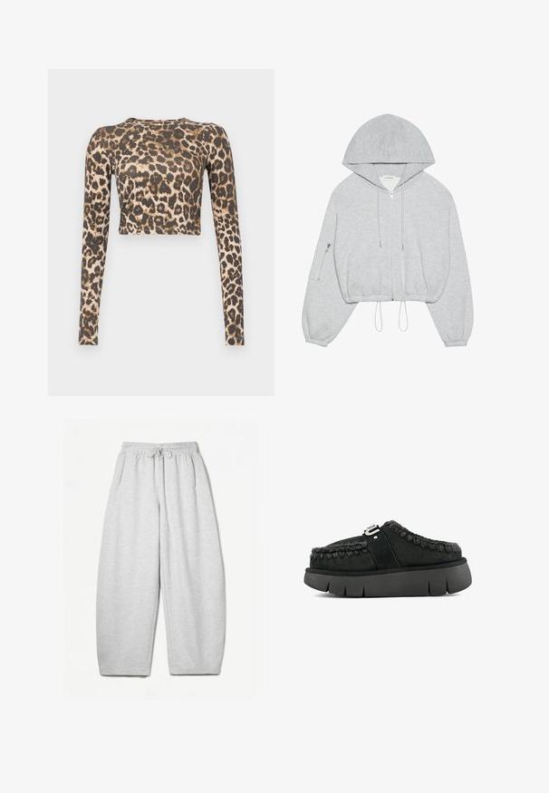 Grå cropped hoodie med lynlås foran, snøre ved kanten, stor hætte og lynlås-lomme på venstre ærme. Blødt stof.; Langærmet cropped top i leopardprint med et farveskema i mørkebrun og beige, der har en glat tekstur og en tætsiddende silhuet.; Lysegrå sweatpants med en afslappet pasform, elastisk talje, snøre og sidelommer; lavet af blødt, struktureret stof.; Sorte ruskinds slip-on sko med pelskant, fletninger og en chunky sort sål. Har en mærkevarestrap over toppen.