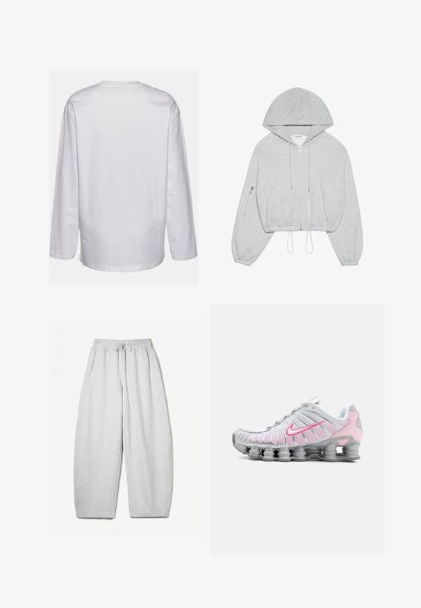 Szürke, rövidített kapucnis pulóver, elülső cipzárral, húzózsinórral az alján, nagy kapucnival és cipzáras zsebbel a bal ujjon. Puha szövet textúra.; DEF EVERYDAY - Hosszú ujjú felső - white; Világosszürke, laza fazonú melegítőnadrág, rugalmas derékpánttal, zsinórral és oldalsó zsebekkel; puha, texturált anyagból készült.; Fehér és világos rózsaszín Nike sportcipő. Hálós felsőrész jellemzi, valamint különleges ívelt talpa látható légpárnázással.