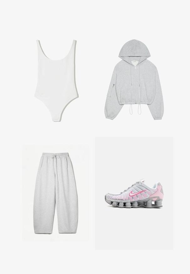 Grijze cropped hoodie met een rits aan de voorkant, trekkoord aan de onderkant, grote capuchon en een ritszak op de linkermouw. Zachte stoftextuur.; Witte een-piece badpak met een ronde hals en brede banden. Glad textuur en minimalistisch ontwerp, met een hoge beenuitsnijding.; Lichtgrijze sweatpants met een ontspannen pasvorm, elastische tailleband, trekkoord en zijzakken; gemaakt van zachte, gestructureerde stof.; Nike hardloopschoen in wit en lichtroze. Bevat een bovenwerk van mesh en een kenmerkende gebogen zool met zichtbare luchtvering.