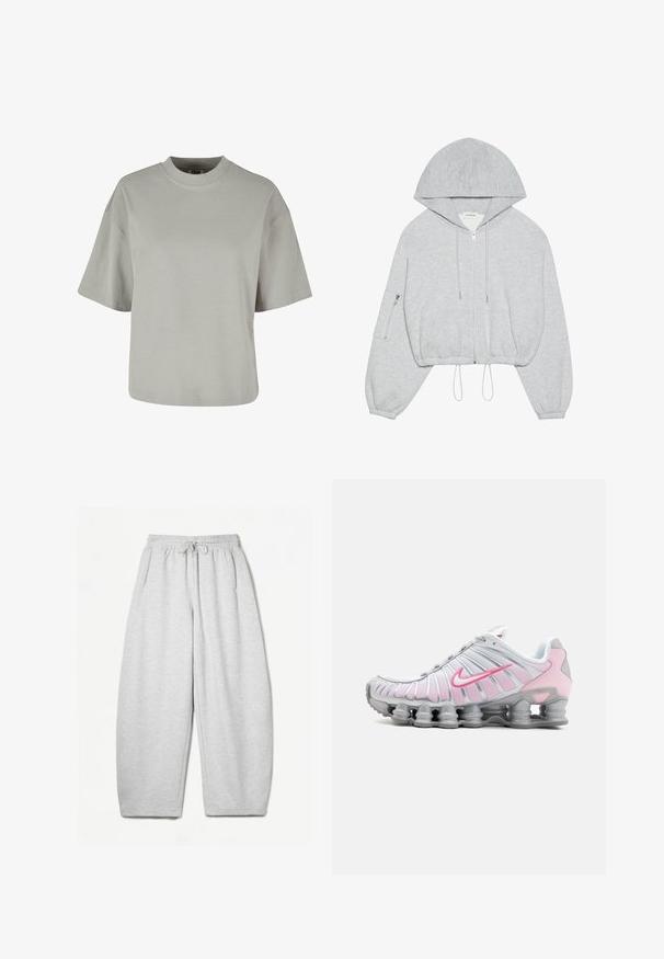 Sivá zastrihnutá mikina s predným zipsom, sťahovacou šnúrkou na dolnom okraji, veľkou kapucňou a zipsovou vreckom na ľavom rukáve. Mäkkučká textúra látky.; Sivé tričko s krátkym rukávom a klasickým golierom, vyrobené z jemnej bavlny, s uvoľneným strihom a minimom švov.; Svetlošedé tepláky s voľným strihom, elastickým pásom, šnúrkou a bočnými vreckami; vyrobené z mäkkej, štruktúrovanej látky.; Nike športová obuv v bielej a svetloružovej farbe. Má sieťovinový zvršok a charakteristickú zakrivenú podrážku s viditeľným vzduchovým odpružením.