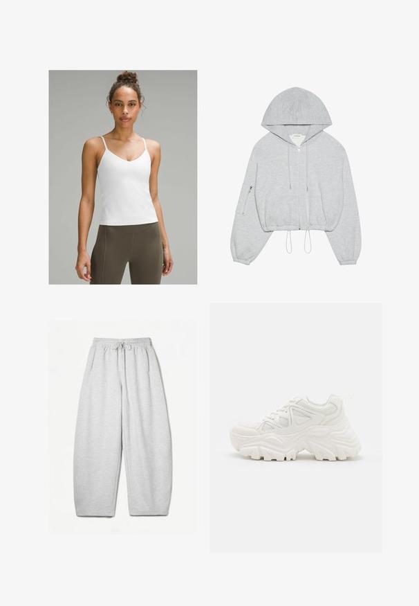 Gray cropped hoodie with a front zipper, drawstring at the hem, large hood, and zippered pocket on the left sleeve. Soft fabric texture.; White cami top with thin straps, V-neck design, smooth texture, fitted silhouette, paired with high-waisted olive green leggings.; Light grey sweatpants with a relaxed fit, elastic waistband, drawstring, and side pockets; made from soft, textured fabric.; White chunky sneakers featuring a textured upper, mesh panels, and thick rubber soles with prominent tread pattern. Laces and pull tab included.