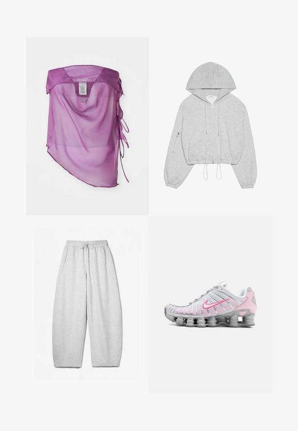 Szara, krótka bluza z kapturem, z zamkiem z przodu, ściągaczem u dołu, dużym kapturem i zamykaną na zamek kieszenią na lewym rękawie. Miękka tekstura materiału.; Fioletowa, przejrzysta narzutka z luźnym krojem, dekoltem w kształcie litery V i regulowanymi zawiązaniami po bokach. Gładka tekstura i lekka draperia.; Jasnoszare dresy o luźnym kroju, z elastycznym pasem, sznurkiem i bocznymi kieszeniami; wykonane z miękkiego, teksturowanego materiału.; Sportowe buty Nike w białym i jasnoróżowym kolorze. Posiadają siateczkową cholewkę oraz charakterystyczną zakrzywioną podeszwę z widoczną poduszką powietrzną.