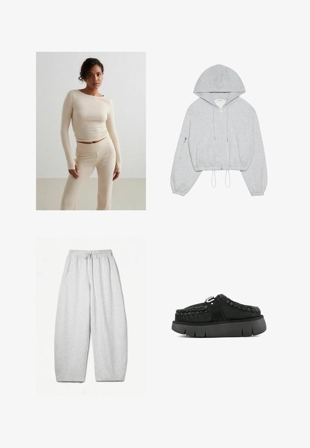 šedá zkrácená mikina s předním zipem, stahovací šňůrka v dolní části, velká kapuce a kapsa se zipem na levém rukávu. Měkký jemný materiál.; Beige proužkovaný top s dlouhým rukávem a odpovídající kalhoty s vysokým pasem, jemná textura, přiléhavý design, minimalistický styl, s jemnými švy.; Šedé tepláky s uvolněným střihem, elastickým pasem, šňůrkou a bočními kapsami; vyrobeny z měkké, strukturované tkaniny.; Černé semišové nazouvací boty s koženým lemem, pleteným švem a robustní černou podrážkou. Vybavené logo páskem na vrchní části.