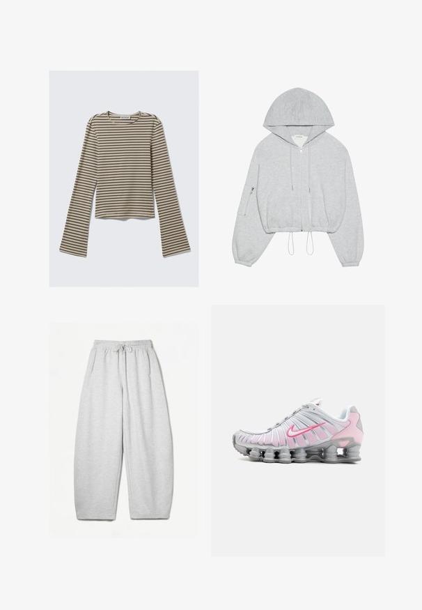 Grijze cropped hoodie met een rits aan de voorkant, trekkoord aan de onderkant, grote capuchon en een ritszak op de linkermouw. Zachte stoftextuur.; Langsleeve top in beige met donkerbruine horizontale strepen, ronde halslijn en uitlopende mouwen. Gemaakt van rekbaar materiaal.; Lichtgrijze sweatpants met een ontspannen pasvorm, elastische tailleband, trekkoord en zijzakken; gemaakt van zachte, gestructureerde stof.; Nike hardloopschoen in wit en lichtroze. Bevat een bovenwerk van mesh en een kenmerkende gebogen zool met zichtbare luchtvering.