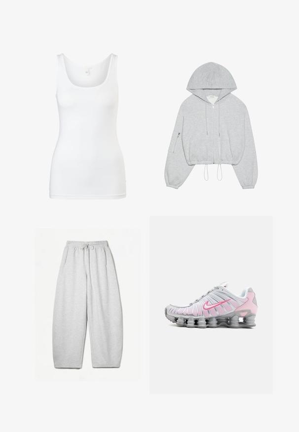 Grijze cropped hoodie met een rits aan de voorkant, trekkoord aan de onderkant, grote capuchon en een ritszak op de linkermouw. Zachte stoftextuur.; Witte tanktop gemaakt van glad, rekbaar materiaal. Beschikt over een ronde halslijn en heeft geen versieringen. Klassiek mouwloos ontwerp.; Lichtgrijze sweatpants met een ontspannen pasvorm, elastische tailleband, trekkoord en zijzakken; gemaakt van zachte, gestructureerde stof.; Nike hardloopschoen in wit en lichtroze. Bevat een bovenwerk van mesh en een kenmerkende gebogen zool met zichtbare luchtvering.