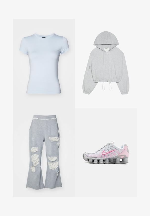 Hall moodi hall, millel on esifrontaalne lukustus, sääreni tõmbunööridega, suur kapuuts ja vasakul varrukal lukuga tasku. Pehme kangast tekstuur.; Heled sinine lühikeste varrukatega sobiv t-särk, mis on valmistatud pehmest puuvillast. Omab ümarat kaelust ja minimaalset õmblusdetaili.; Hallide gray spordipüksid, millel on laienev jalgade lõige ja mitmed kulunud laigud, mis paljastavad heledamat kangast. Mugavuse tagamiseks elastne vöökoht.; Nike spordijalatsid valges ja helesinises. Omaduseks on võrgust ülemine osa ja iseloomulik kõver põhi nähtava õhukottidega.