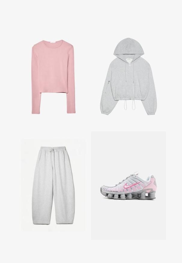 Siva skraćena kapuljača s prednjim patentnim zatvaračem, vezicom na rubu, velikom kapuljačom i patentnim džepom na lijevom rukavu. Mekani tekstil.; Dugi rukav, skraćeni top od mekog ružičastog materijala s okruglim izrezom i jednostavnim dizajnom, bez vidljivih uzoraka ili ukrasa.; Svijetlosivi dukserica s opuštenim krojem, elastičnim pojasom, vezicom i bočnim džepovima; izrađeni od mekanog, teksturiranog materijala.; Nike atletska obuća u bijeloj i svijetlosmešanoj boji. Ima mrežasti gornji dio i karakterističnu zakrivljenu potplat s vidljivim zračnim jastučićima.