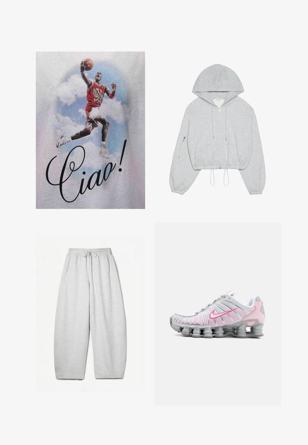 Sivá zastrihnutá mikina s predným zipsom, sťahovacou šnúrkou na dolnom okraji, veľkou kapucňou a zipsovou vreckom na ľavom rukáve. Mäkkučká textúra látky.; Červené grafické tričko s motívom skáčuceho basketbalistu v drese Bulls, s nápisom „Ciao!“ vytlačeným čiernym kurzívou. Pozadie zobrazuje mraky.; Svetlošedé tepláky s voľným strihom, elastickým pásom, šnúrkou a bočnými vreckami; vyrobené z mäkkej, štruktúrovanej látky.; Nike športová obuv v bielej a svetloružovej farbe. Má sieťovinový zvršok a charakteristickú zakrivenú podrážku s viditeľným vzduchovým odpružením.
