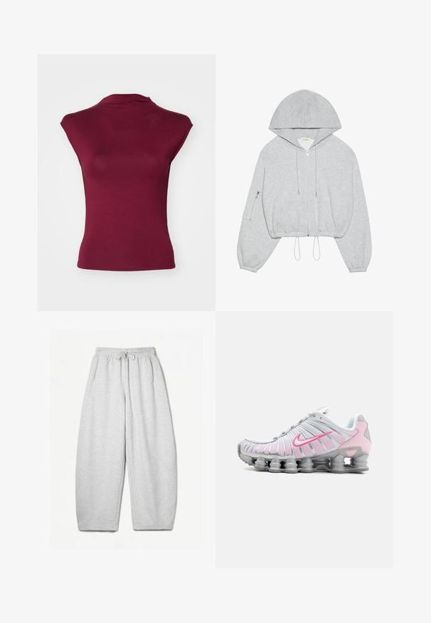 Szara, krótka bluza z kapturem, z zamkiem z przodu, ściągaczem u dołu, dużym kapturem i zamykaną na zamek kieszenią na lewym rękawie. Miękka tekstura materiału.; Gina Tricot - T-shirt basic; Jasnoszare dresy o luźnym kroju, z elastycznym pasem, sznurkiem i bocznymi kieszeniami; wykonane z miękkiego, teksturowanego materiału.; Sportowe buty Nike w białym i jasnoróżowym kolorze. Posiadają siateczkową cholewkę oraz charakterystyczną zakrzywioną podeszwę z widoczną poduszką powietrzną.