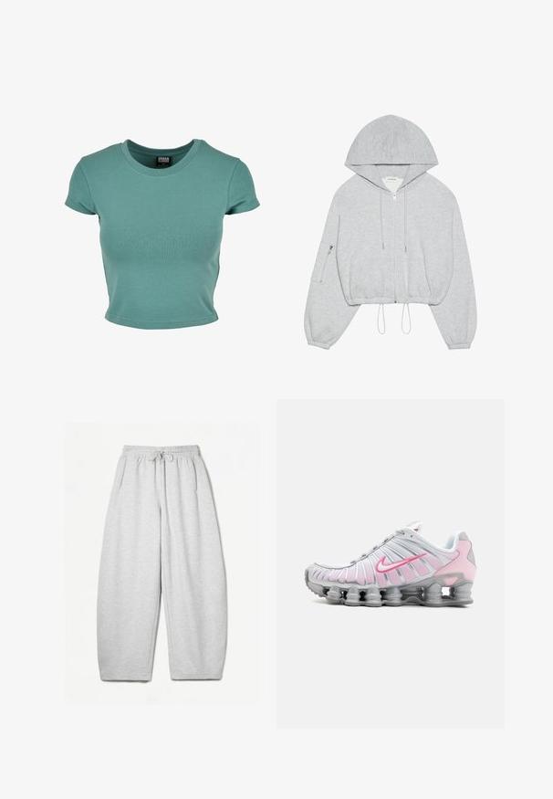 Grijze cropped hoodie met een rits aan de voorkant, trekkoord aan de onderkant, grote capuchon en een ritszak op de linkermouw. Zachte stoftextuur.; Korte mouwen, ronde hals t-shirt in teal, gemaakt van zacht katoen met een aangesloten ontwerp en afgewerkte randen.; Lichtgrijze sweatpants met een ontspannen pasvorm, elastische tailleband, trekkoord en zijzakken; gemaakt van zachte, gestructureerde stof.; Nike hardloopschoen in wit en lichtroze. Bevat een bovenwerk van mesh en een kenmerkende gebogen zool met zichtbare luchtvering.
