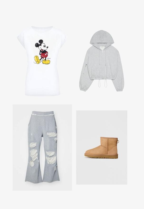 Huppari harmaana, lyhyt malli, edessä vetoketju, nyöritys helmassa, suuri huppu ja vasemmassa hihassa vetoketjulla varustettu tasku. Pehmeä kangastuntuma.; Valkoinen puuvillateeppari, jossa on vintage Mickey Mouse -grafiikka mustana, punaisena ja keltaisena. Pyöreä kaula-aukko ja lyhyet hihat.; Harmaat collegehousut, joissa on levenevät lahkeet ja useita kuluneita paikkoja, jotka paljastavat vaaleampaa kangasta. Joustava vyötärö vyötärön mukavuuden takaamiseksi.; Ruskean mokkasandaalit pyöreällä kärjellä, ommelluilla yksityiskohdilla, takana vetotappi ja teksturoidulla kumipohjalla. Suunniteltu mukavuutta ja lämpöä varten.