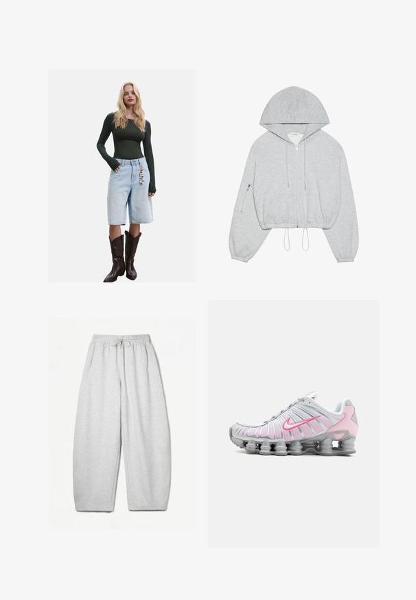 Grå cropped hoodie med lynlås foran, snøre ved kanten, stor hætte og lynlås-lomme på venstre ærme. Blødt stof.; Langærmet mørkegrøn top parret med lyseblå denim bermudashorts og brune cowboy støvler, med et dekorativt vedhæng på shortsene.; Lysegrå sweatpants med en afslappet pasform, elastisk talje, snøre og sidelommer; lavet af blødt, struktureret stof.; Nike træningssko i hvid og lys pink. Har en mesh-overdel og en markant buet sål med synlig luftdæmpning.