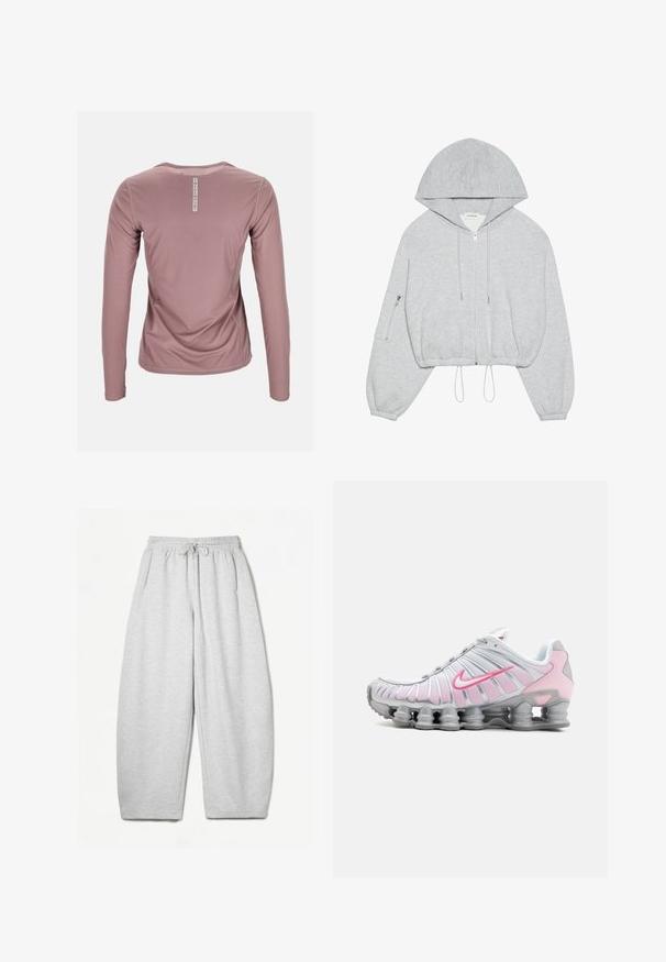 Gray cropped hoodie with a front zipper, drawstring at the hem, large hood, and zippered pocket on the left sleeve. Soft fabric texture.; Long-sleeve shirt in soft pink fabric, featuring a textured pattern and a round neckline. Label on the back displays "Swedemount."; Light grey sweatpants with a relaxed fit, elastic waistband, drawstring, and side pockets; made from soft, textured fabric.; Nike athletic shoe in white and light pink. Features a mesh upper and distinctive curved sole with visible air cushioning.